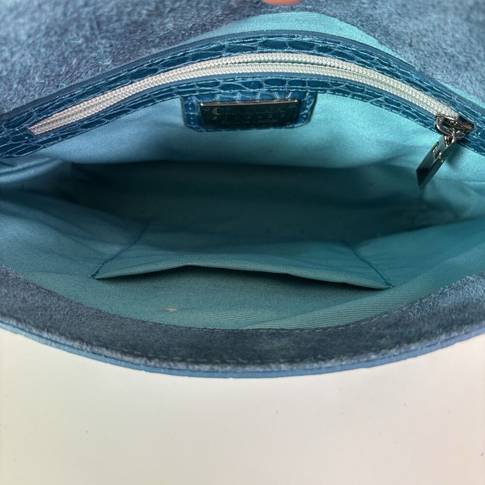 Claudia Firenze Teal Leather Croc-Embossed Handbag Rope Handle Chic Purse Italy - Picture 16 of 16